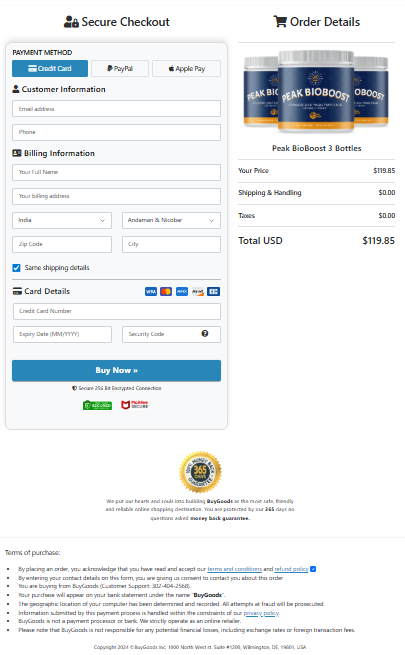 Peak BioBoost order page